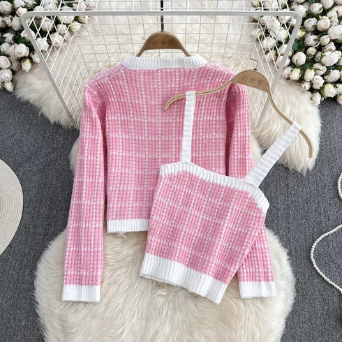 Elegant Plaid Round Neck Soft Knitted Cardigan Sweater with Tank Top Set